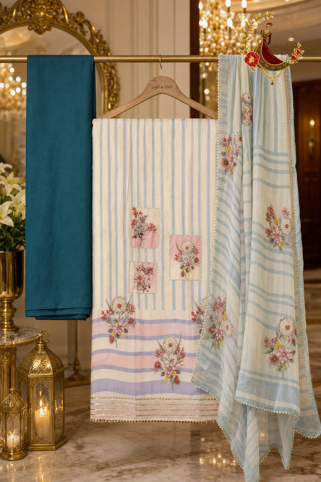 Unstitched sky blue, pink and cream Chanderi silk embroidered patchwork suit set components displayed on a hanger: shirt fabric, chiffon dupatta and bottom