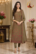 Dark olive green crepe Kashmiri embroidered unstitched suit set with embroidered dupatta, worn by a model with a churidar, Zari and Gota UK