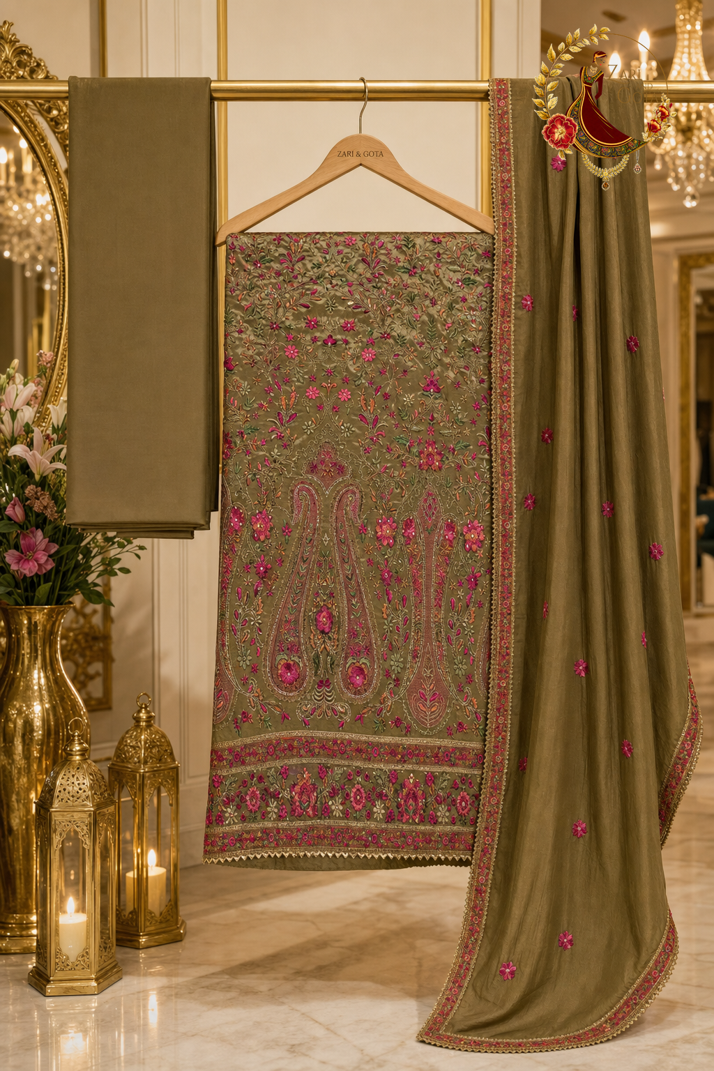 Unstitched dark olive green crepe Kashmiri embroidered suit set components displayed on a hanger: shirt fabric, dupatta and bottom
