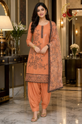 Orange tissue silk black sequin work unstitched suit set with rose-vine dupatta, worn by a model with a Punjabi salwar, Zari and Gota UK