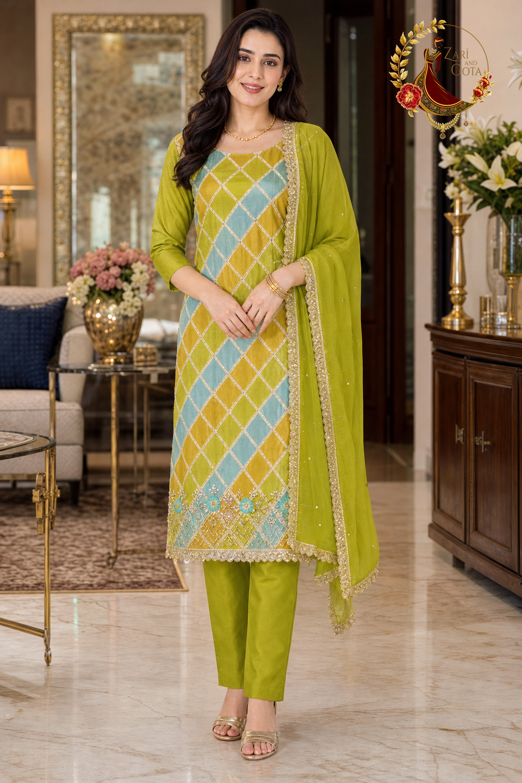 Olive green, mustard yellow and sky blue digital crepe silk unstitched suit set with chiffon dupatta, worn by a model with straight trousers, Zari and Gota UK