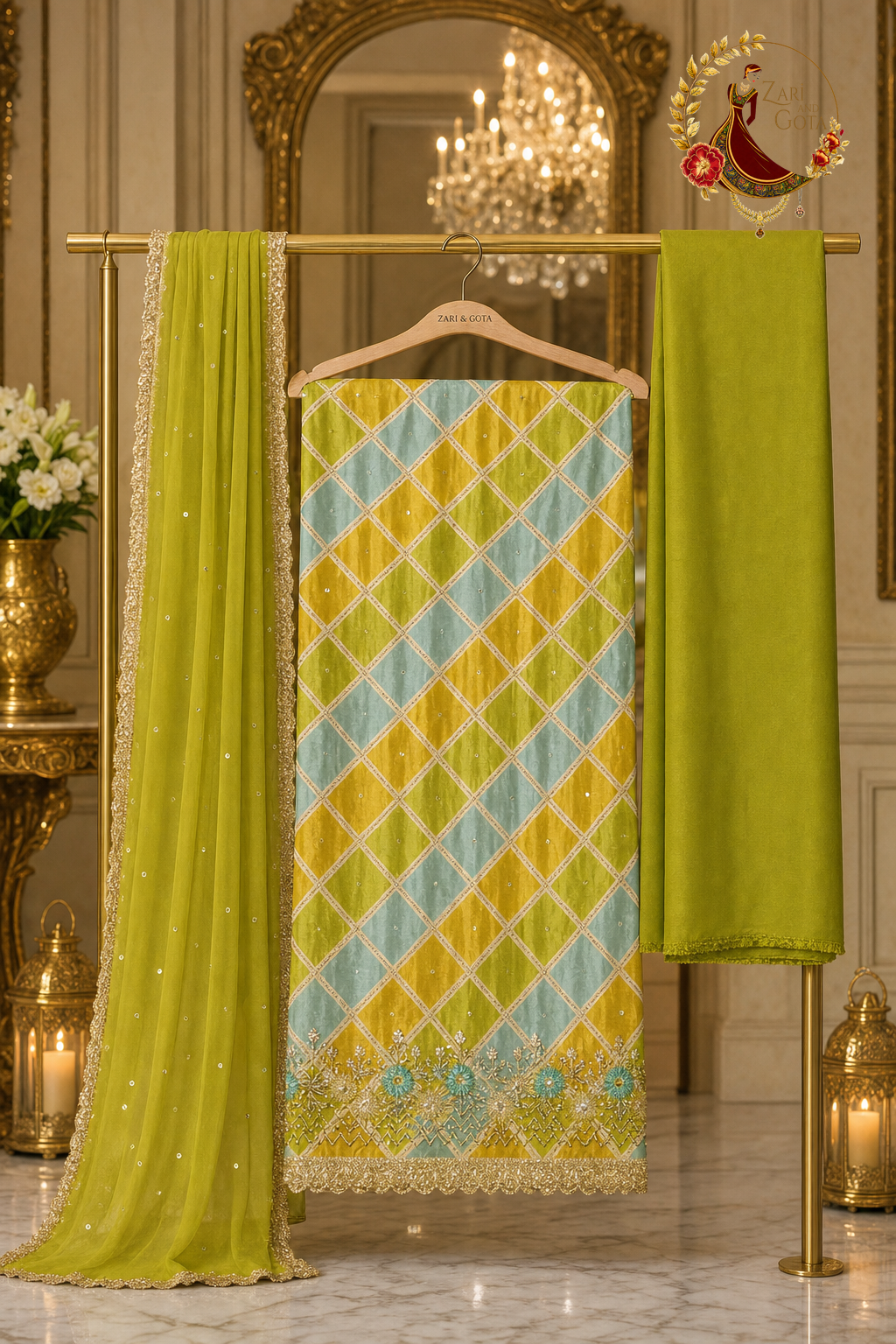 Unstitched olive green, mustard yellow and sky blue digital crepe silk suit set components displayed on a hanger: shirt fabric, chiffon dupatta and bottom