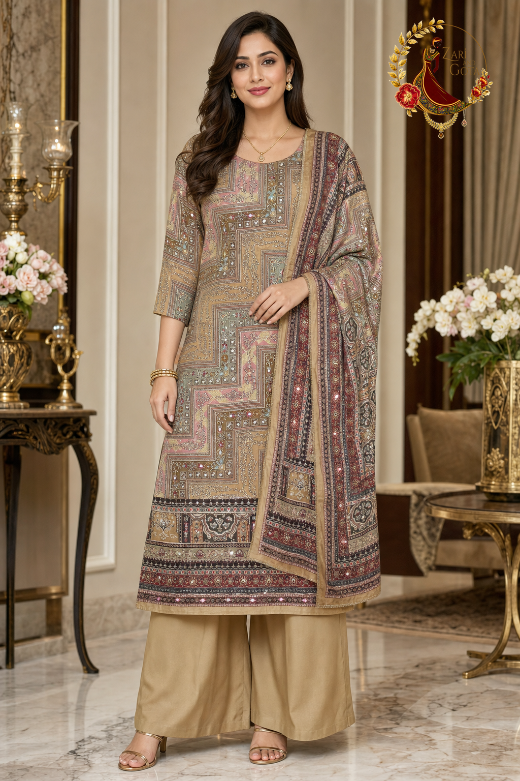 Golden Beige crepe mirror work unstitched suit set with patterned dupatta, worn by a model with palazzo trousers, Zari and Gota UK