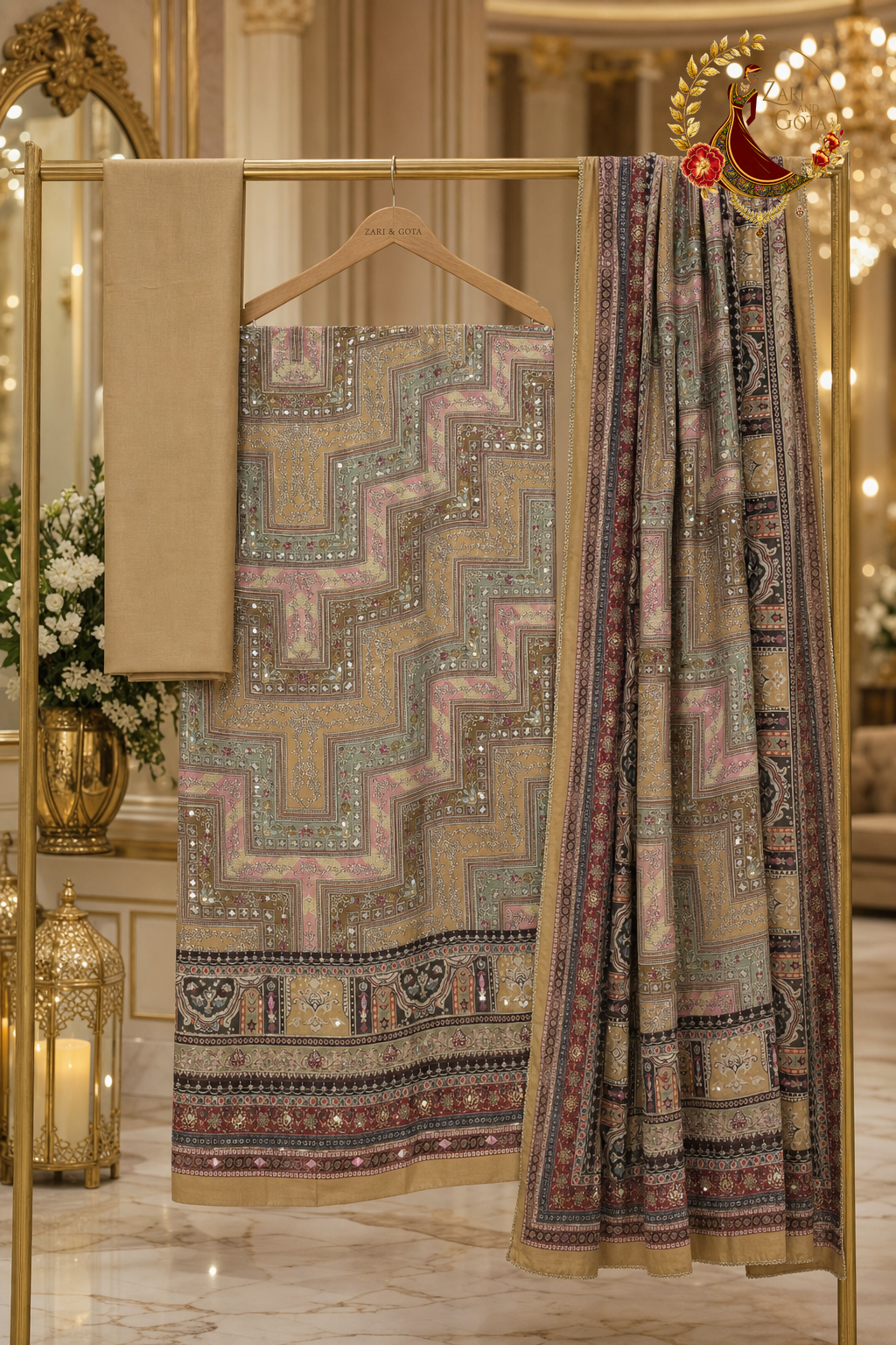 Unstitched golden beige crepe mirror work suit set components displayed on a hanger: shirt fabric, dupatta and bottom
