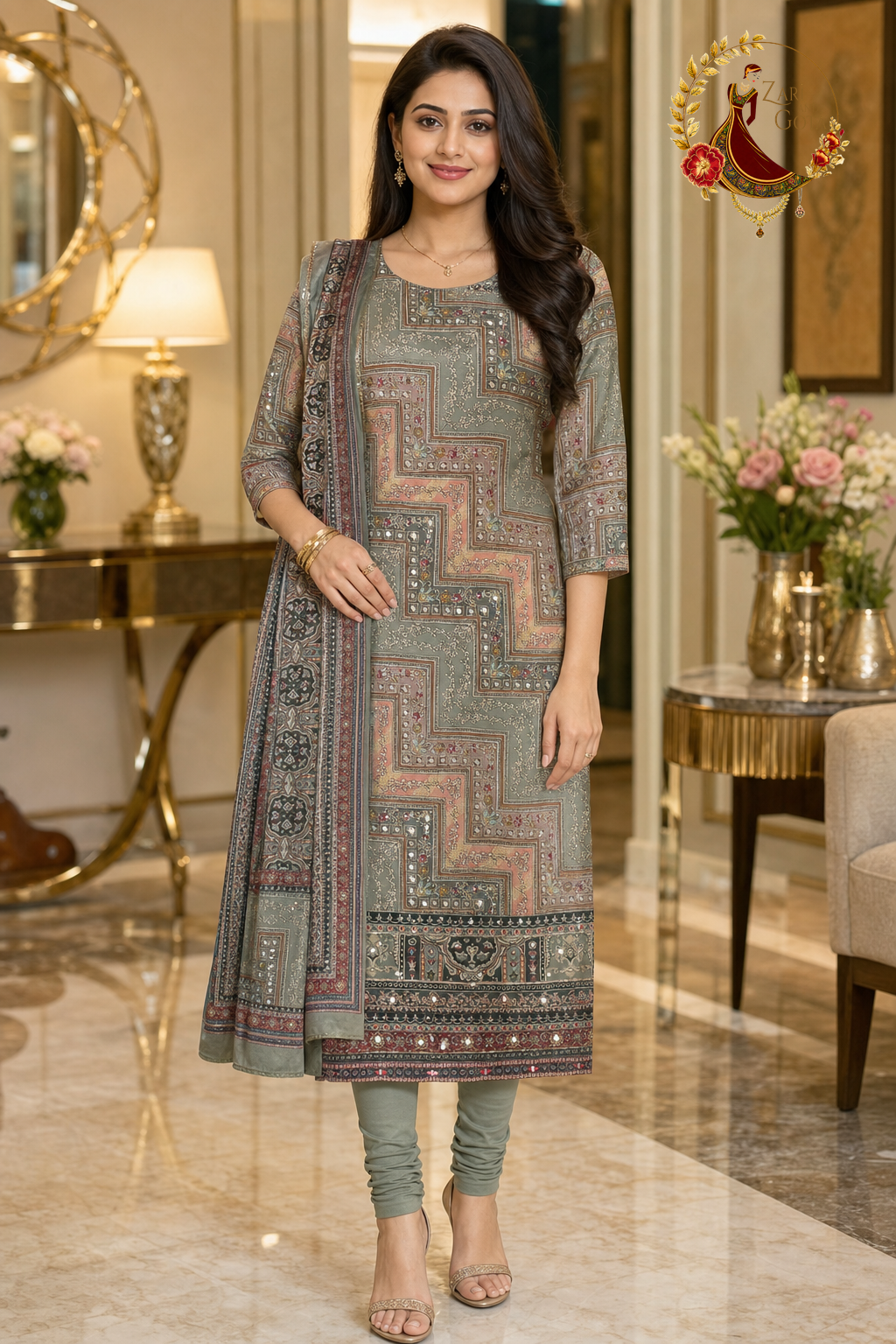 Greyish Blue crepe mirror work unstitched suit set with patterned dupatta, worn by a model with a churidar, Zari and Gota UK