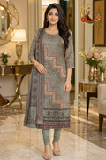 Greyish Blue crepe mirror work unstitched suit set with patterned dupatta, worn by a model with a churidar, Zari and Gota UK