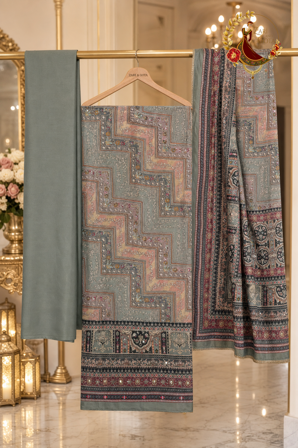 Unstitched greyish blue crepe mirror work suit set components displayed on a hanger: shirt fabric, dupatta and bottom