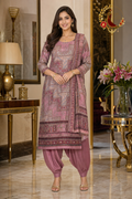 Pinkish Mauve crepe mirror work unstitched suit set with patterned dupatta, worn by a model with a Punjabi salwar, Zari and Gota UK