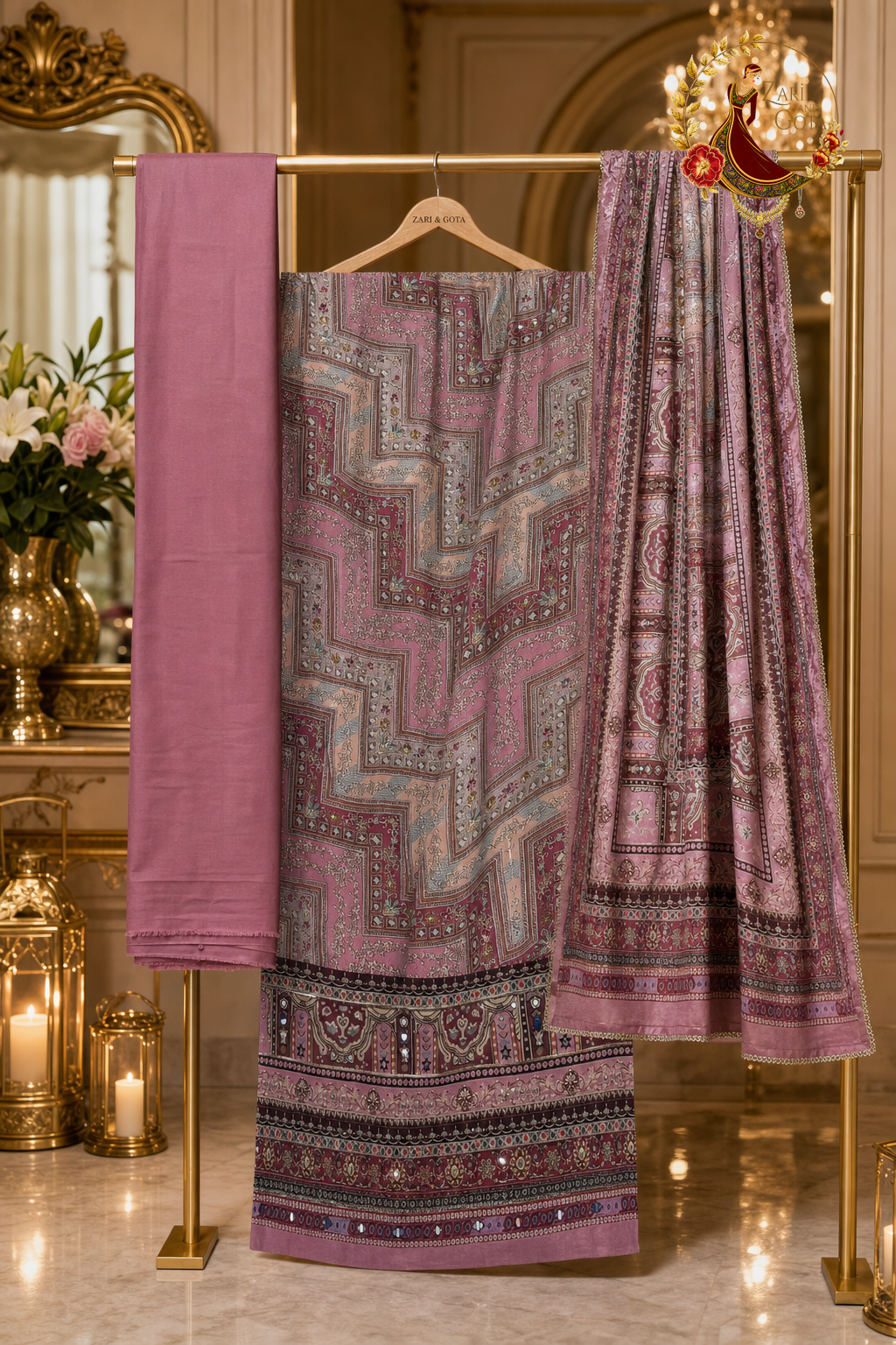 Unstitched pinkish mauve crepe mirror work suit set components displayed on a hanger: shirt fabric, dupatta and bottom