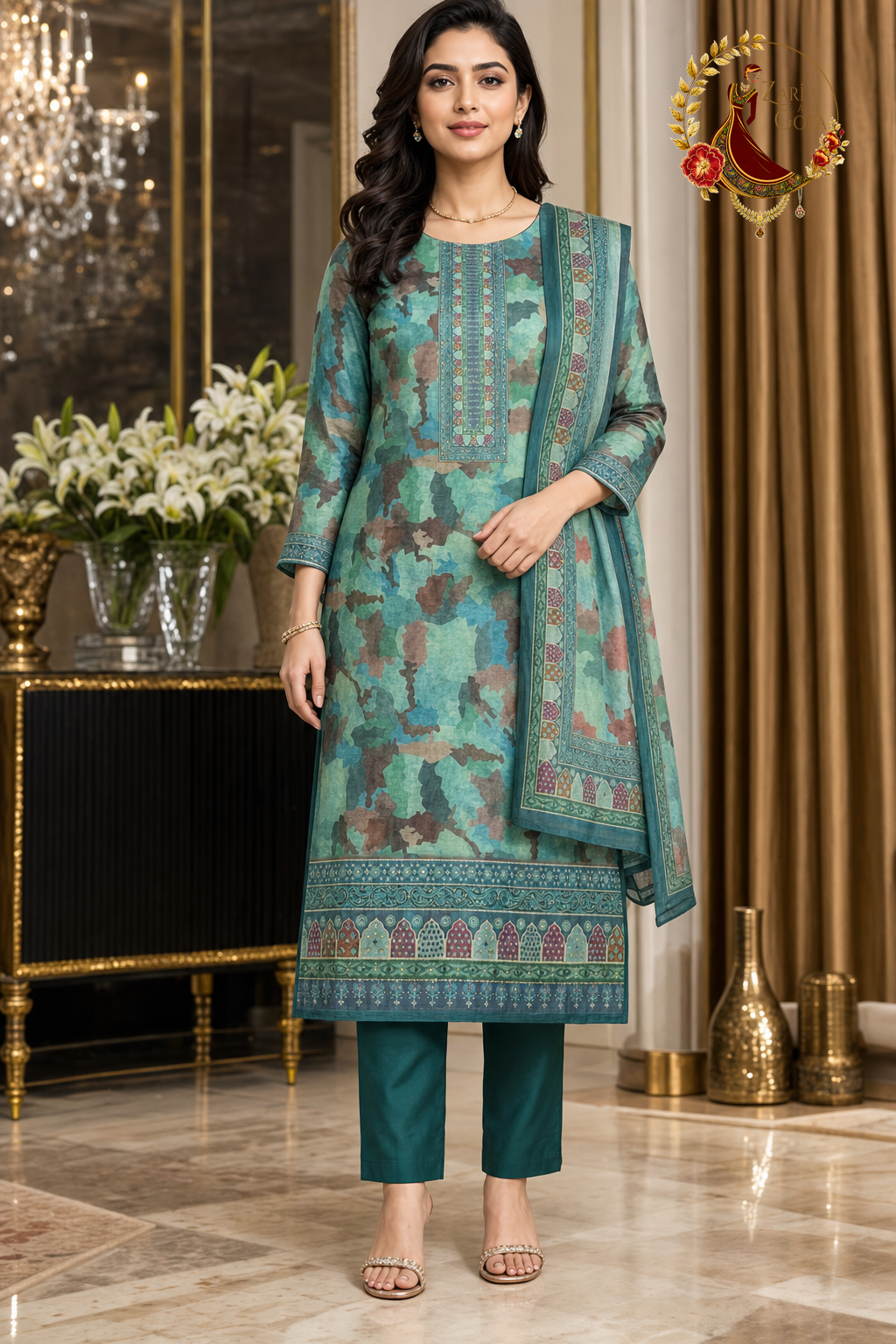Peacock Green and Blue Chanderi silk kantha work unstitched suit set with Chanderi dupatta, worn by a model with straight trousers, Zari and Gota UK