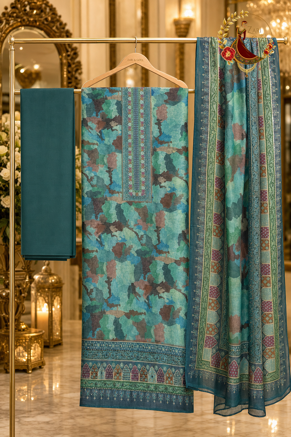 Unstitched peacock green and blue Chanderi silk kantha work suit set components displayed on a hanger: shirt fabric, Chanderi dupatta and bottom