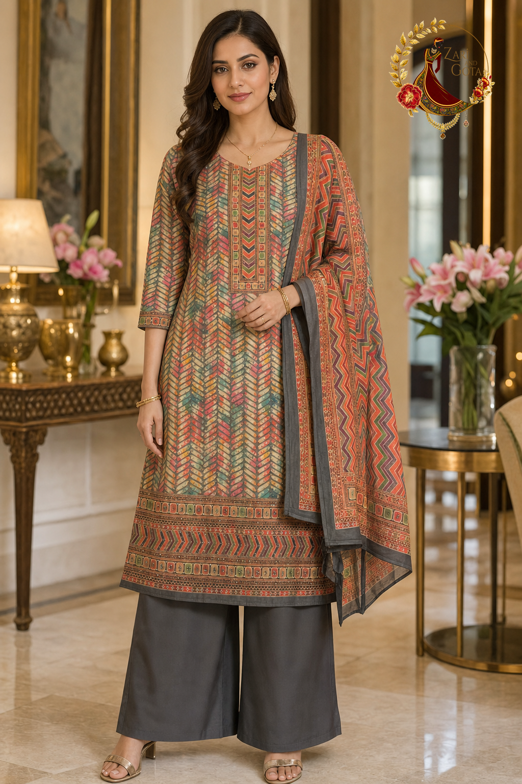 Grey with Multicolour Chanderi silk kantha work unstitched suit set with Chanderi dupatta, worn by a model with palazzo trousers, Zari and Gota UK