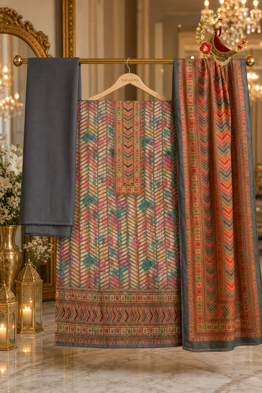Unstitched grey with multicolour Chanderi silk kantha work suit set components displayed on a hanger: shirt fabric, Chanderi dupatta and bottom