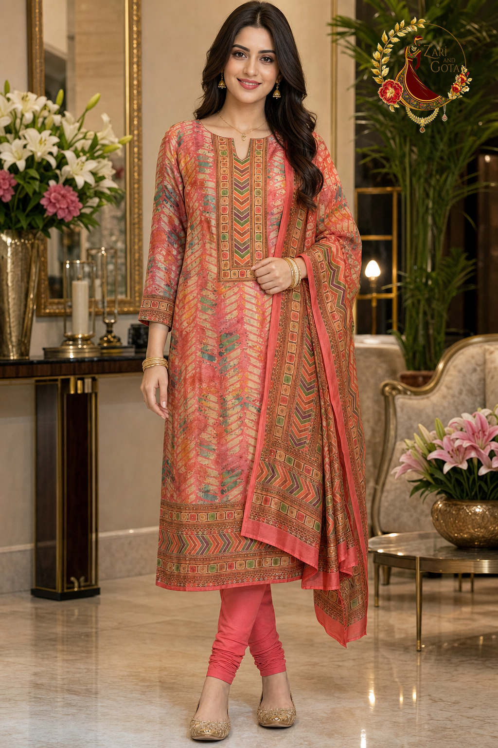 Pink with Multicolour Chanderi silk kantha work unstitched suit set with Chanderi dupatta, worn by a model with a churidar, Zari and Gota UK