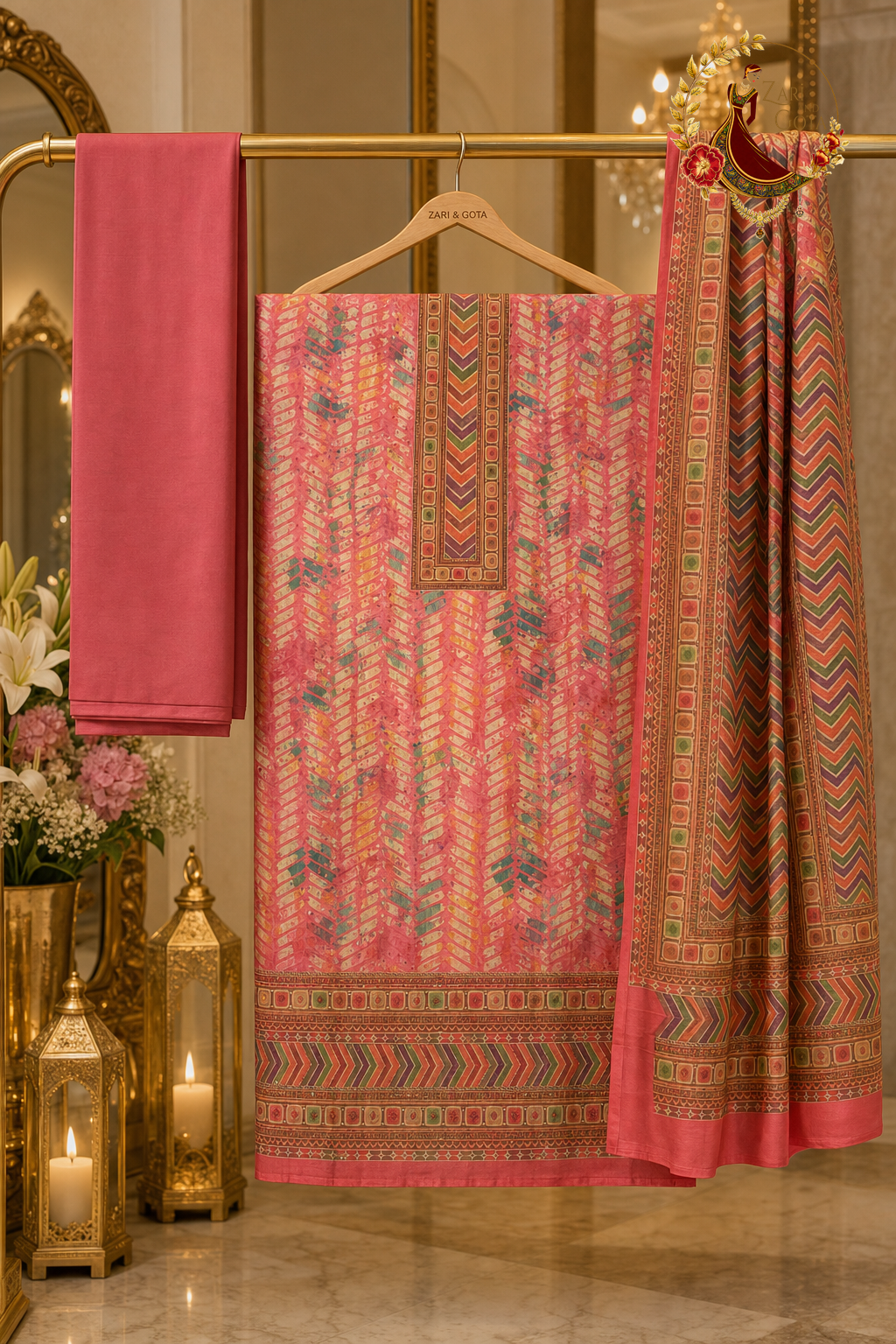 Unstitched pink with multicolour Chanderi silk kantha work suit set components displayed on a hanger: shirt fabric, Chanderi dupatta and bottom