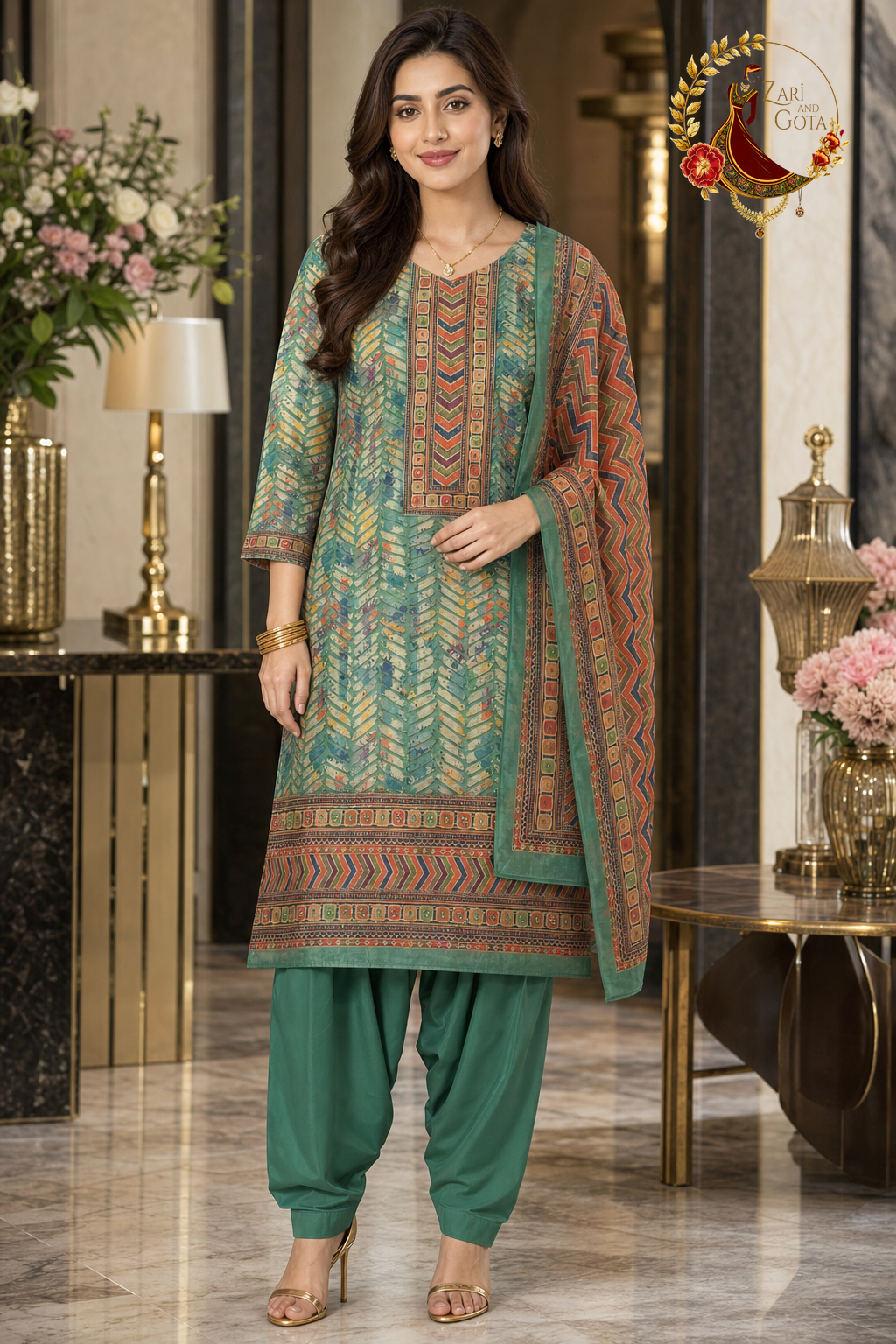 Green with Multicolour Chanderi silk kantha work unstitched suit set with Chanderi dupatta, worn by a model with a Punjabi salwar, Zari and Gota UK