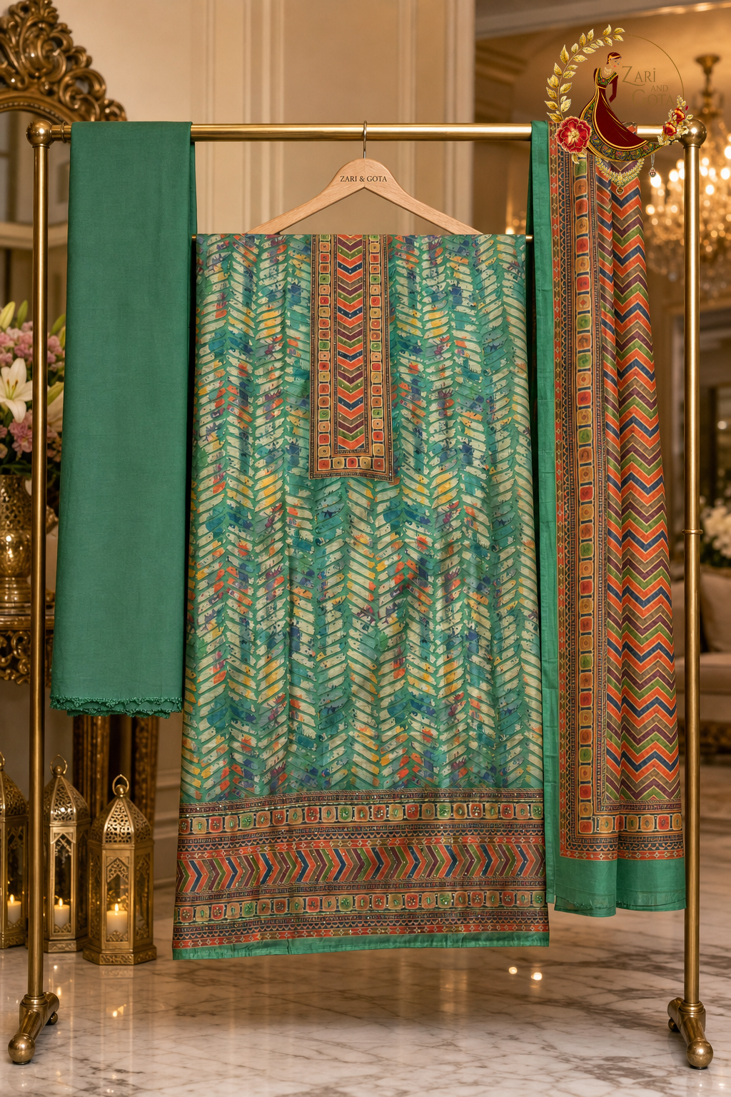 Unstitched green with multicolour Chanderi silk kantha work suit set components displayed on a hanger: shirt fabric, Chanderi dupatta and bottom