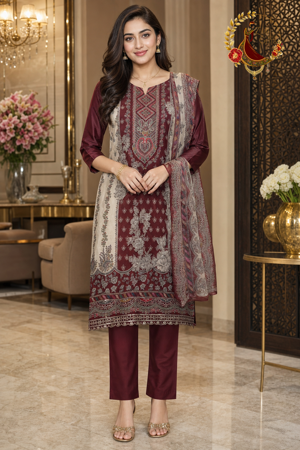 Maroon crepe panel print unstitched suit set with chiffon dupatta, worn by a model with straight trousers, Zari and Gota UK
