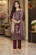 Maroon crepe panel print unstitched suit set with chiffon dupatta, worn by a model with straight trousers, Zari and Gota UK