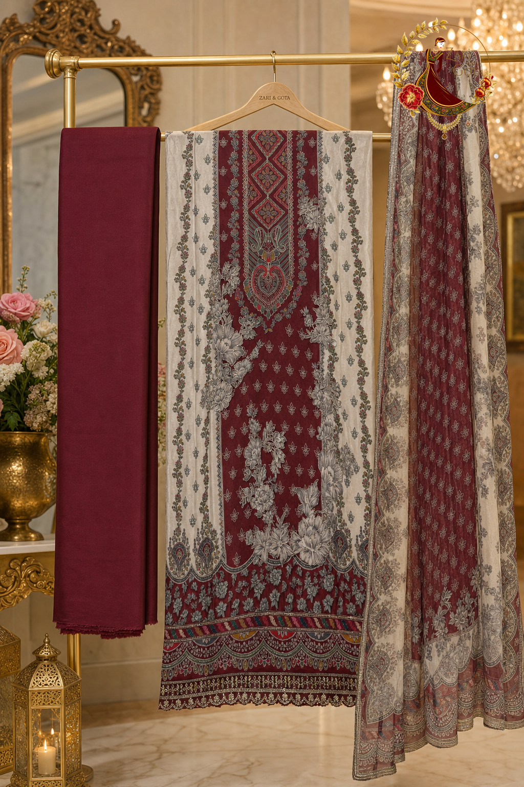 Unstitched maroon crepe panel print suit set components displayed on a hanger: shirt fabric, chiffon dupatta and bottom