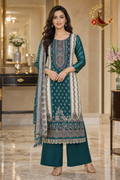 Peacock Green crepe panel print unstitched suit set with chiffon dupatta, worn by a model with palazzo trousers, Zari and Gota UK