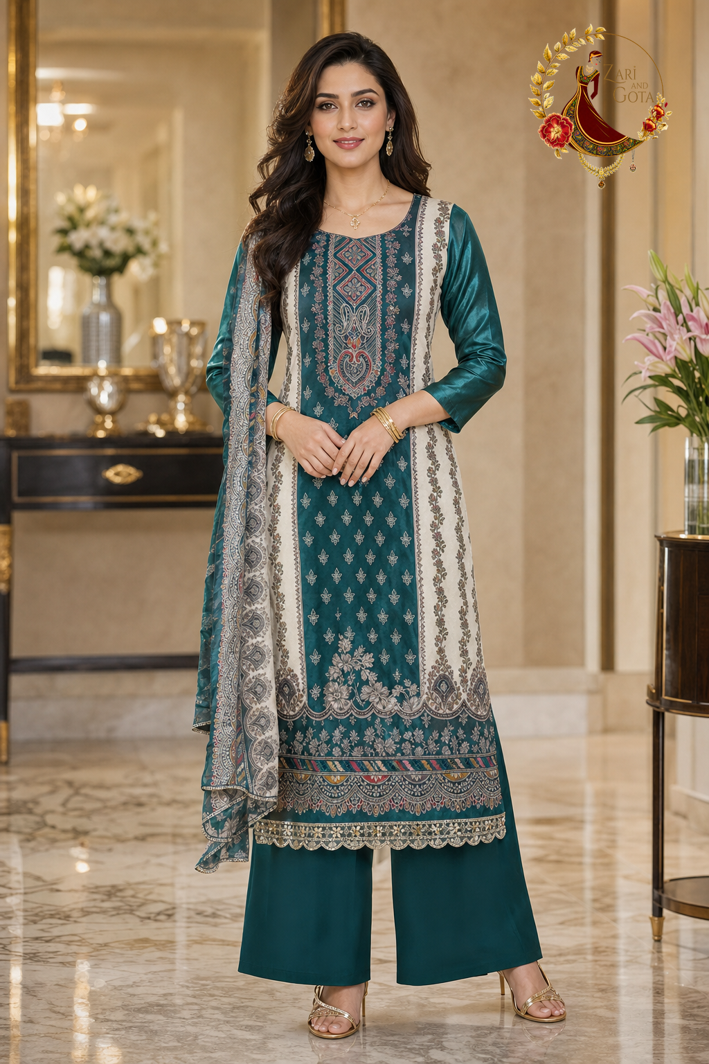 Peacock Green crepe panel print unstitched suit set with chiffon dupatta, worn by a model with palazzo trousers, Zari and Gota UK