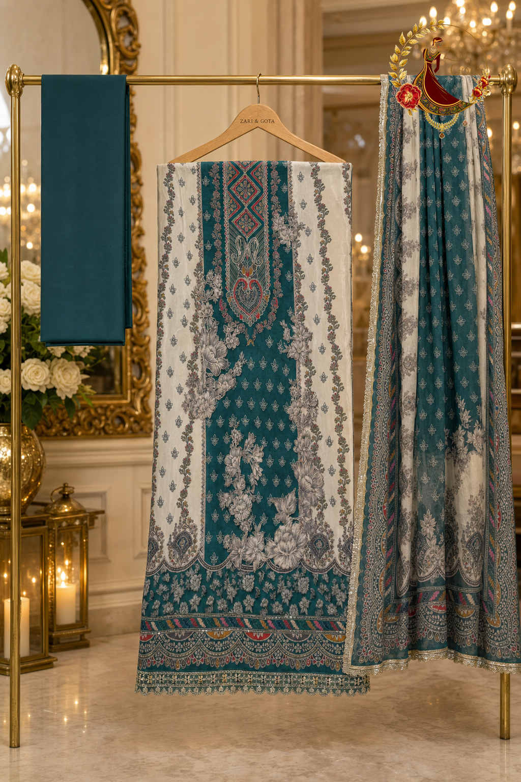 Unstitched peacock green crepe panel print suit set components displayed on a hanger: shirt fabric, chiffon dupatta and bottom