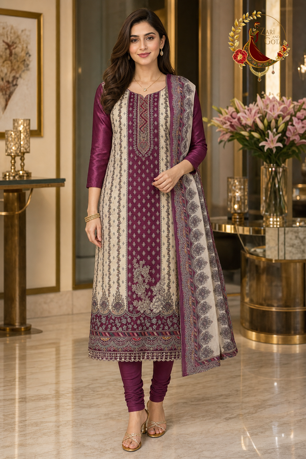 Deep Berry crepe panel print unstitched suit set with chiffon dupatta, worn by a model with a churidar, Zari and Gota UK