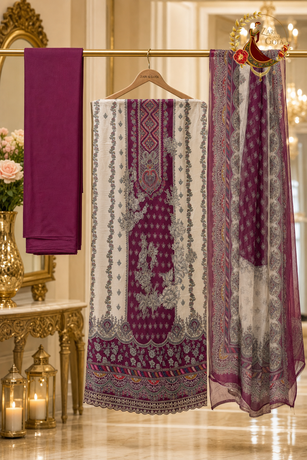 Unstitched deep berry crepe panel print suit set components displayed on a hanger: shirt fabric, chiffon dupatta and bottom