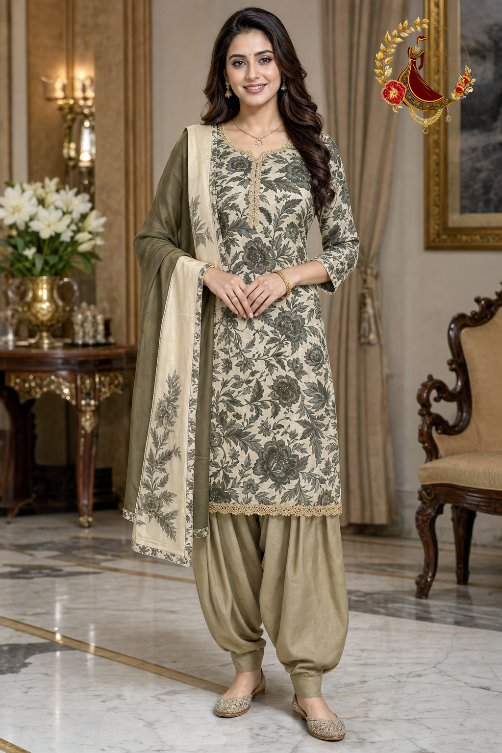 Dark leafy green designer shimmer crepe silk unstitched suit set with colour-block dupatta, worn by a model with a Punjabi salwar, Zari and Gota UK