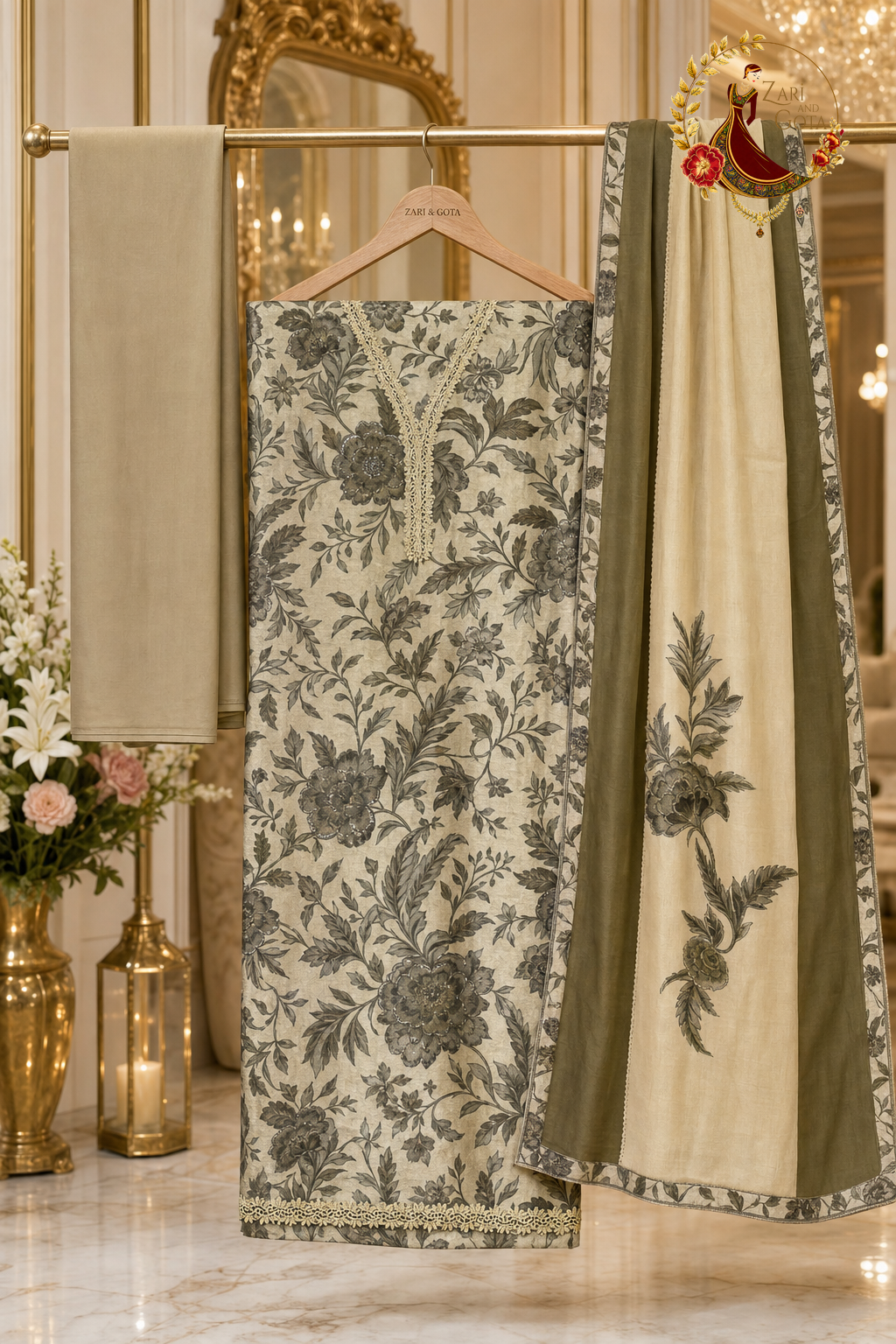 Unstitched dark leafy green designer shimmer crepe silk suit set components displayed on a hanger: shirt fabric, dupatta and bottom