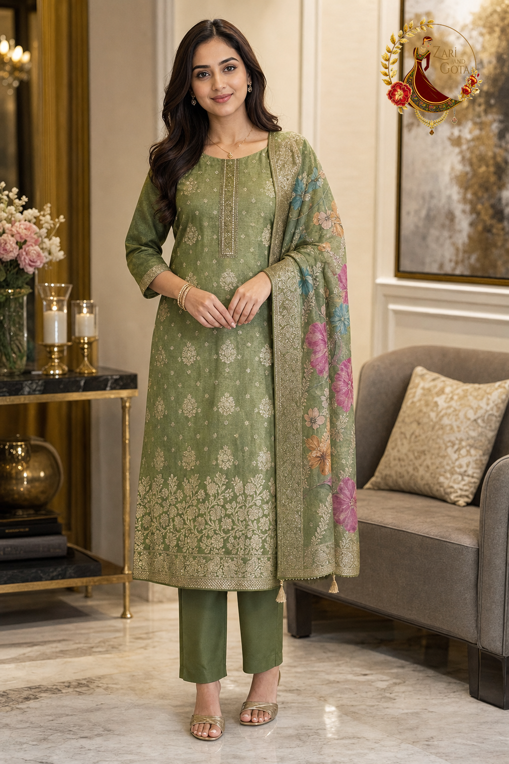 Olive Green shimmer Banarasi zari weave unstitched suit set with digital print Banarasi dupatta, worn by a model with straight trousers, Zari and Gota UK