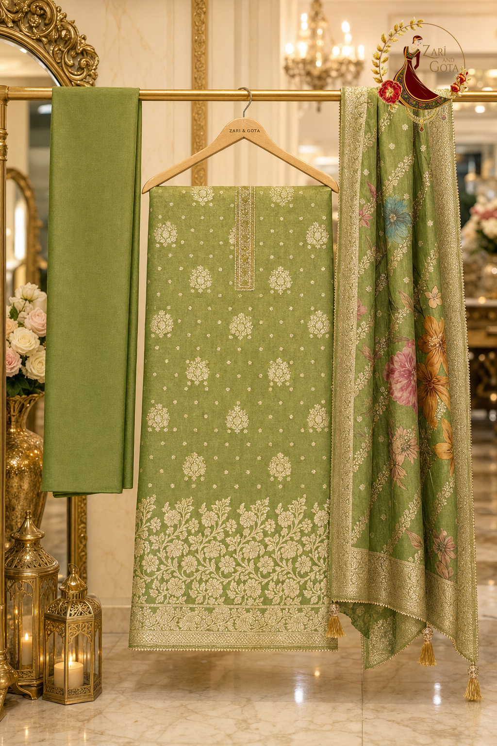 Unstitched olive green shimmer Banarasi zari weave suit set components displayed on a hanger: shirt fabric, printed Banarasi dupatta and bottom