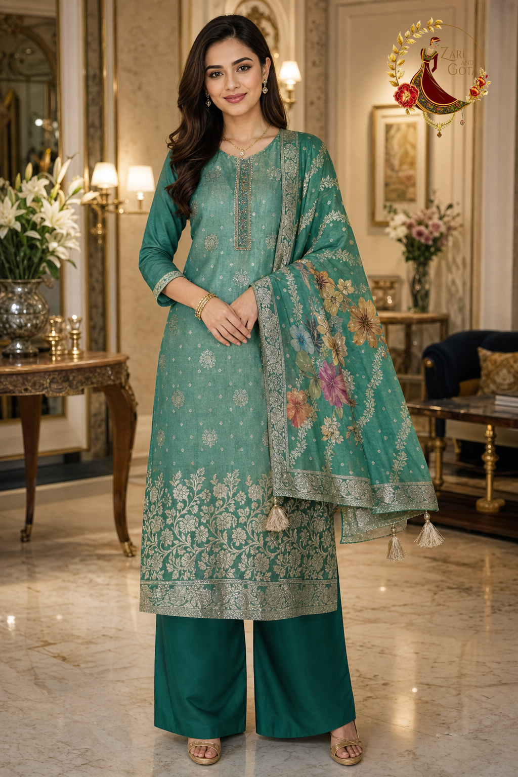 Rama Green shimmer Banarasi zari weave unstitched suit set with digital print Banarasi dupatta, worn by a model with palazzo trousers, Zari and Gota UK