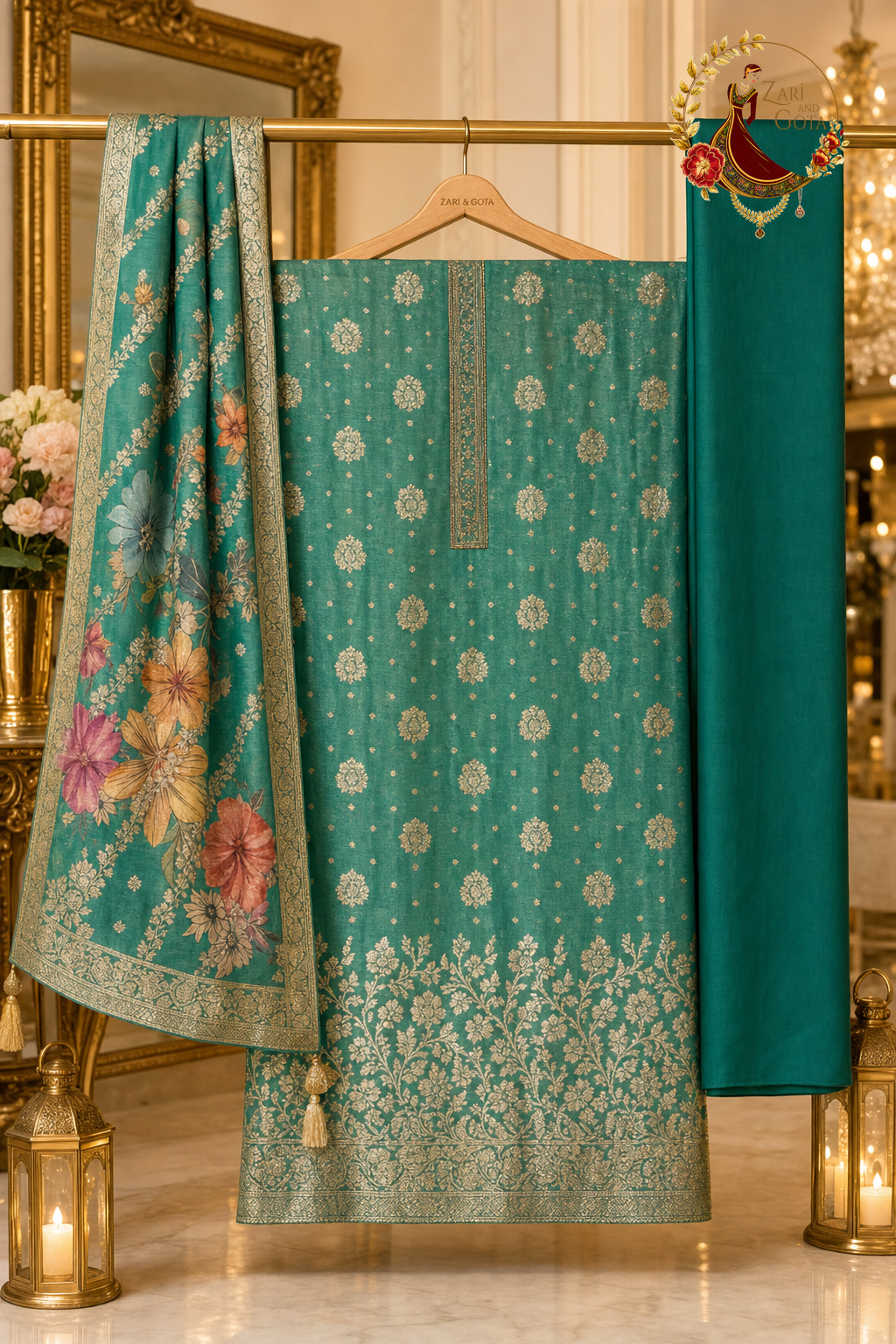 Unstitched rama green shimmer Banarasi zari weave suit set components displayed on a hanger: shirt fabric, printed Banarasi dupatta and bottom