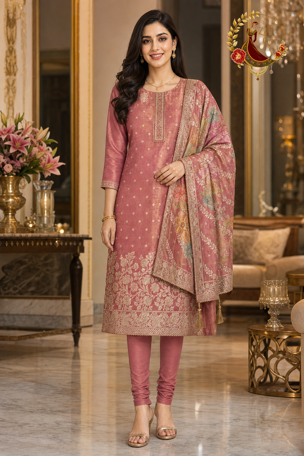 Pink shimmer Banarasi zari weave unstitched suit set with digital print Banarasi dupatta, worn by a model with a churidar, Zari and Gota UK
