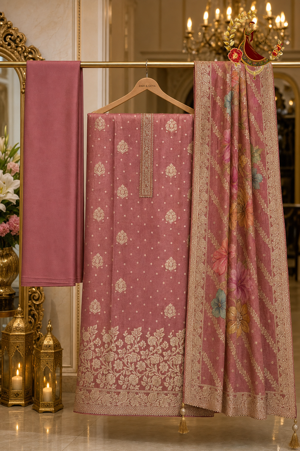 Unstitched pink shimmer Banarasi zari weave suit set components displayed on a hanger: shirt fabric, printed Banarasi dupatta and bottom