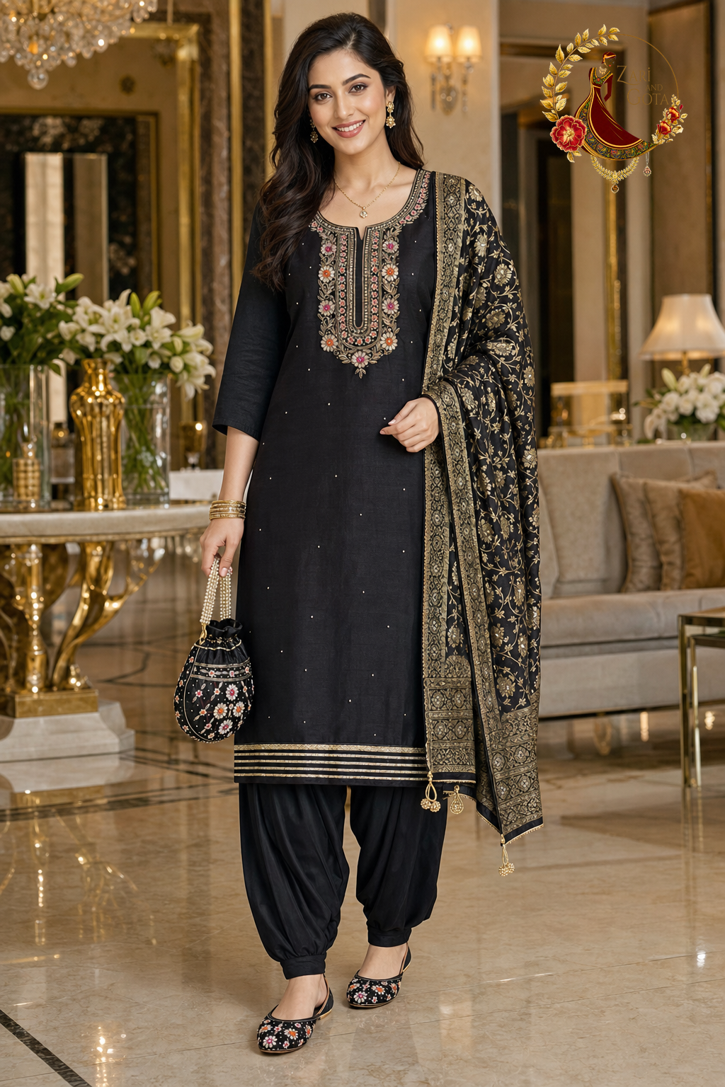 Black Chanderi silk designer unstitched suit set with Banarasi dupatta, Punjabi jutti and potli, worn by a model with a Punjabi salwar, Zari and Gota UK
