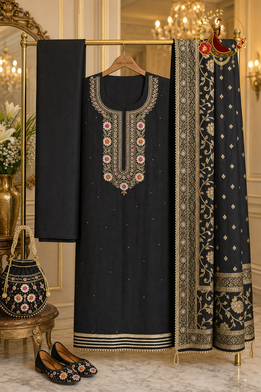 Unstitched black Chanderi silk designer suit set components displayed on a hanger with matching Punjabi jutti and potli bag