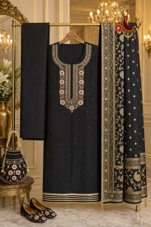Unstitched black Chanderi silk designer suit set components displayed on a hanger with matching Punjabi jutti and potli bag
