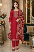 Red Chanderi silk designer unstitched suit set with Banarasi dupatta, Punjabi jutti and potli, worn by a model with straight trousers, Zari and Gota UK