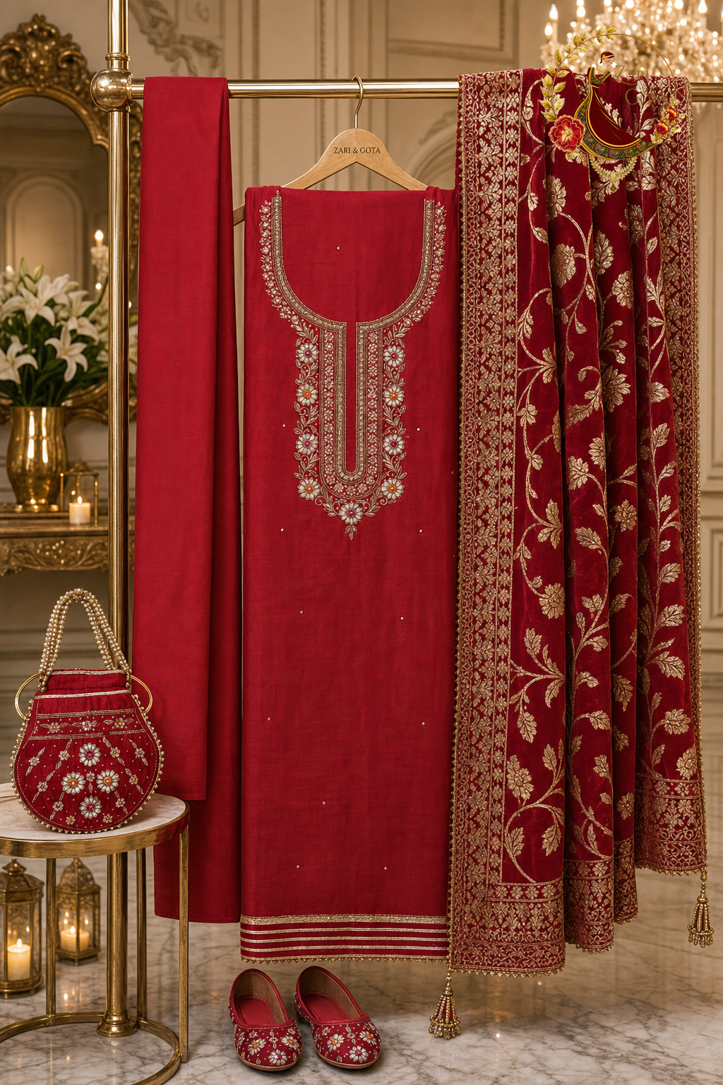 Unstitched red Chanderi silk designer suit set components displayed on a hanger with matching Punjabi jutti and potli bag