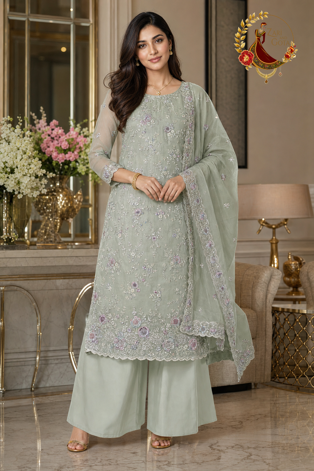 Pastel Green Chanderi silk pastel embroidered pearl work unstitched suit set with dupatta, worn by a model with palazzo trousers, Zari and Gota UK
