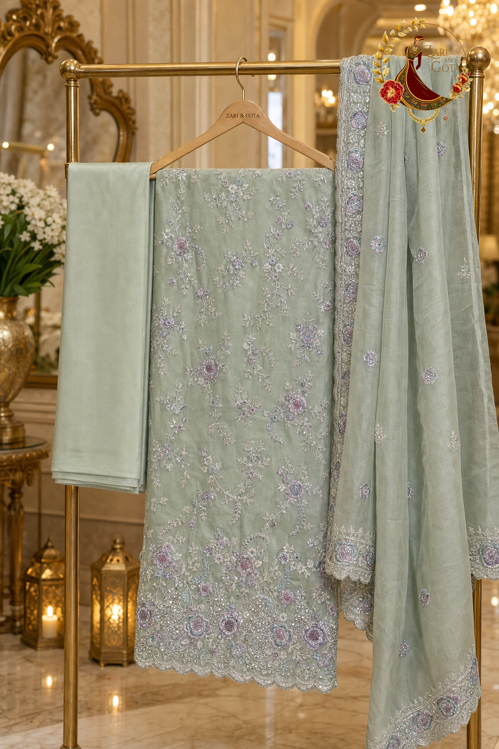 Unstitched pastel green Chanderi silk pastel embroidered suit set components displayed on a hanger: shirt fabric, dupatta and bottom