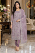 Lavender Chanderi silk pastel embroidered pearl work unstitched suit set with dupatta, worn by a model with a churidar, Zari and Gota UK