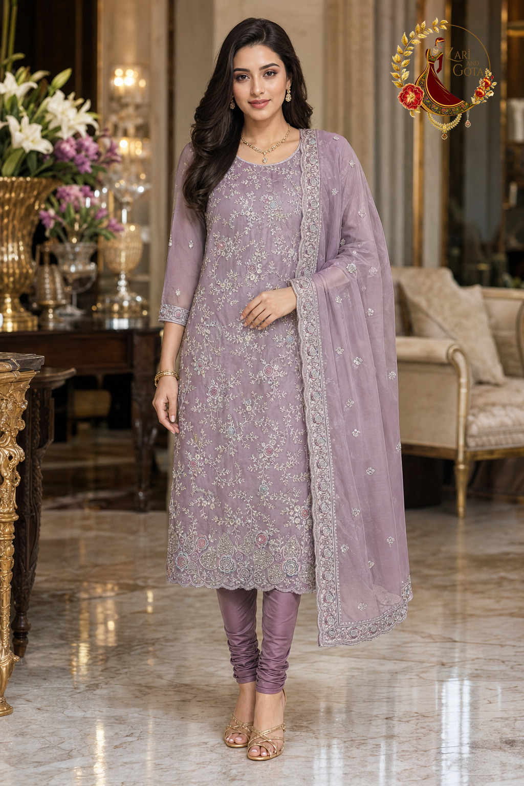 Lavender Chanderi silk pastel embroidered pearl work unstitched suit set with dupatta, worn by a model with a churidar, Zari and Gota UK