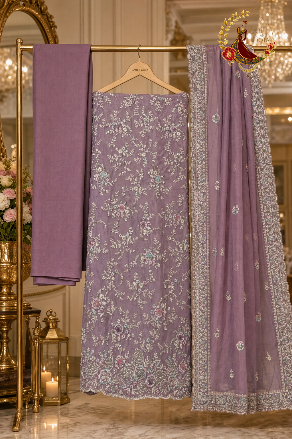 Unstitched lavender Chanderi silk pastel embroidered suit set components displayed on a hanger: shirt fabric, dupatta and bottom