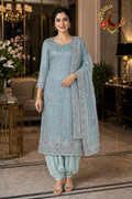 Pastel Blue Chanderi silk pastel embroidered pearl work unstitched suit set with dupatta, worn by a model with a Punjabi salwar, Zari and Gota UK
