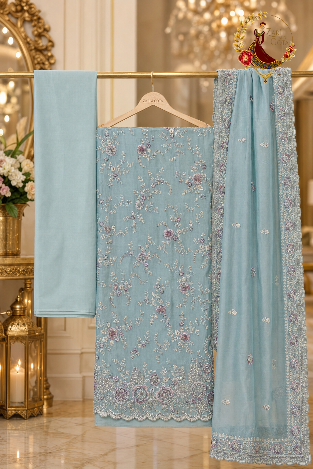 Unstitched pastel blue Chanderi silk pastel embroidered suit set components displayed on a hanger: shirt fabric, dupatta and bottom