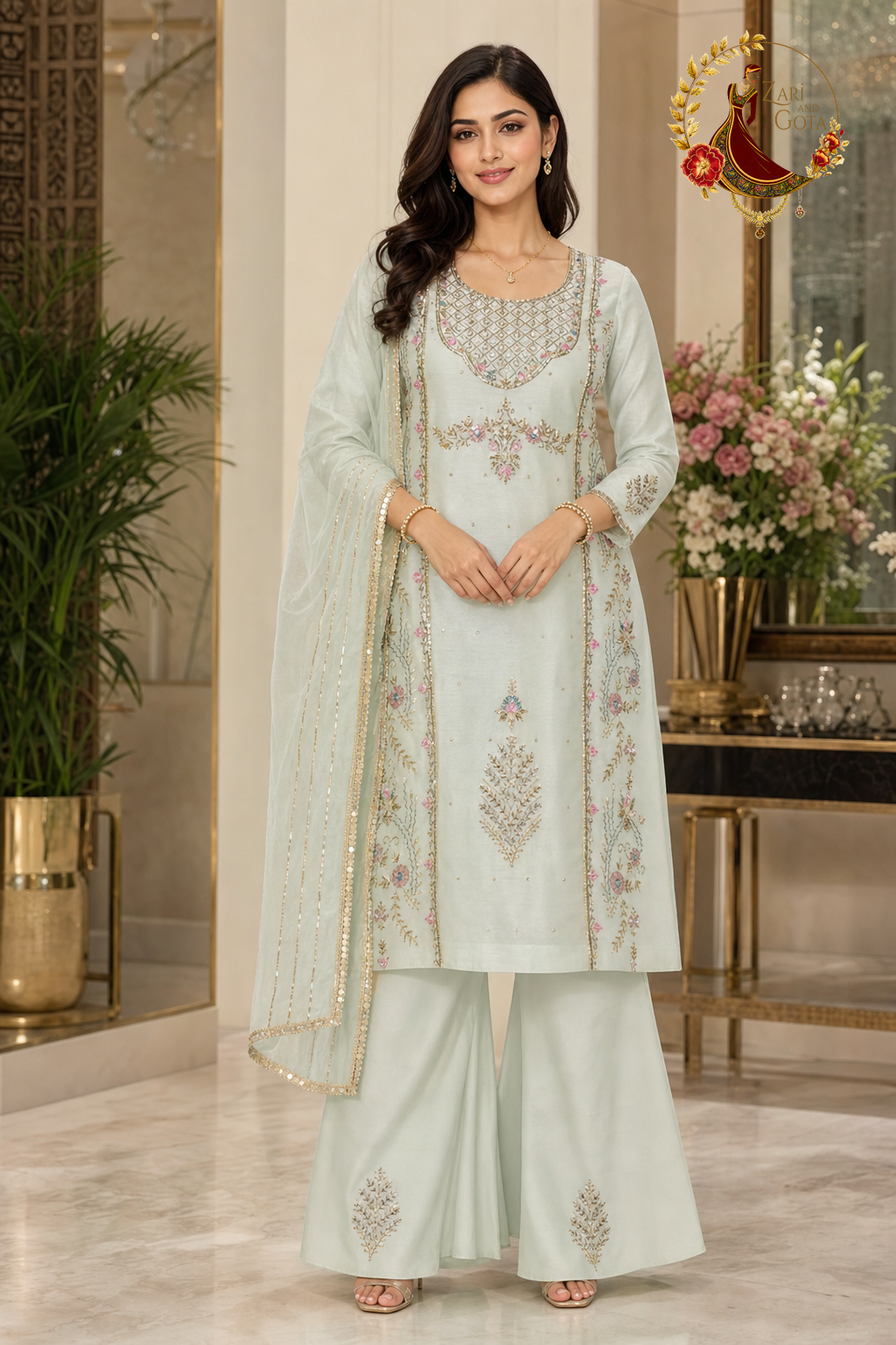 Light green designer Chanderi silk poncha work unstitched suit set with dupatta, worn by a model with a sharara, Zari and Gota UK